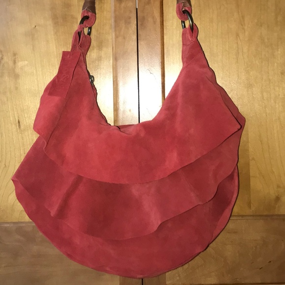 Mo & Co Handbags - Mo & Co Red Suede Lillian Ruffle Bag